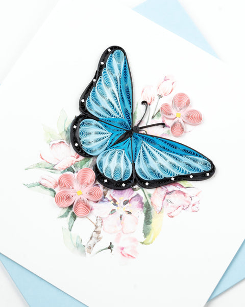 Handcrafted Blue Butterfly & Pink Flowers Greeting Card | Quilling Card