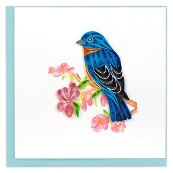 blue bird, pink flowers, branch