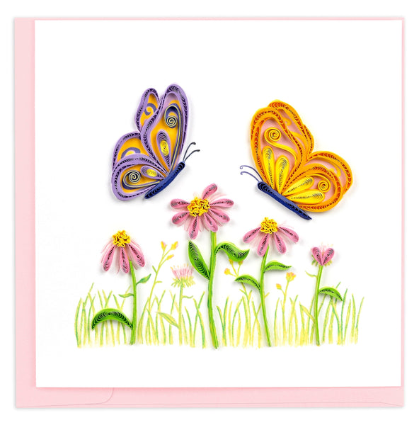 purple butterfly, orange butterfly, pink flowers