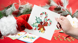 Quilled Candy Canes Christmas Card being handed to person from santa claus with christmas decor in background