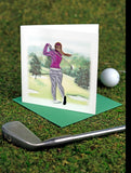 Quilled Female Golfer Greeting Card standing up on grass surface with a golf club and a golf ball.