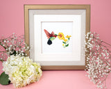 Quilled Hummingbird & Yellow Flowers Greeting Card in gold frame with white flowers on pink background
