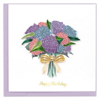 hydrangea, leaves, bouquet, ribbon, happy birthday text