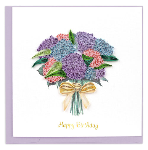 hydrangea, leaves, bouquet, ribbon, happy birthday text
