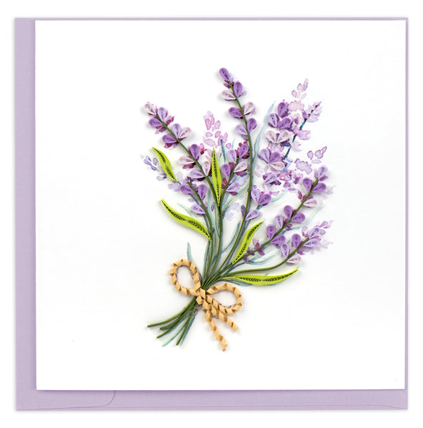 lavender bouquet, green leaves, bow ribbon