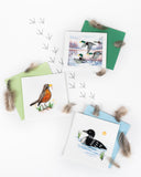 Quilled Loon Greeting Card with quilled robin with worm greeting card and quilled duck migration card with bird tracks and bird feathers