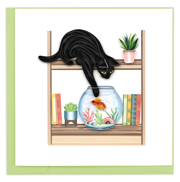 black cat, book shelf, fish bowl, books