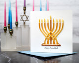 Quilled Modern Menorah Hanukkah Card standing up with blue envelope in front of menorah with candles
