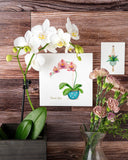 Quilled Potted Orchid Greeting Card on wooden wall next to white orchid and mini quilled hanging plant gift enclosure