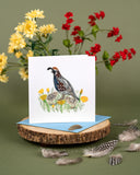 Quilled Quail with Chicks & Poppies Greeting Card with blue envelope standing on wooden stand surrounded by feathers and flowers on olive green background
