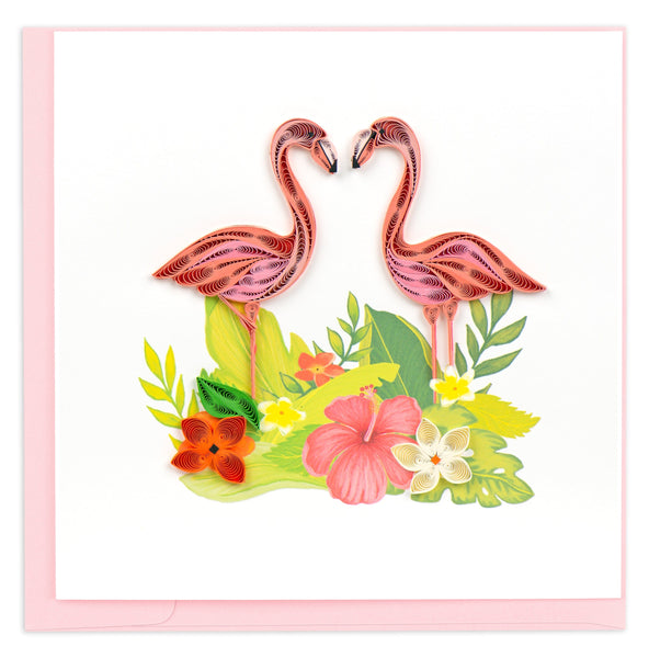hibiscus flower, tropical leaves, pink flamingos
