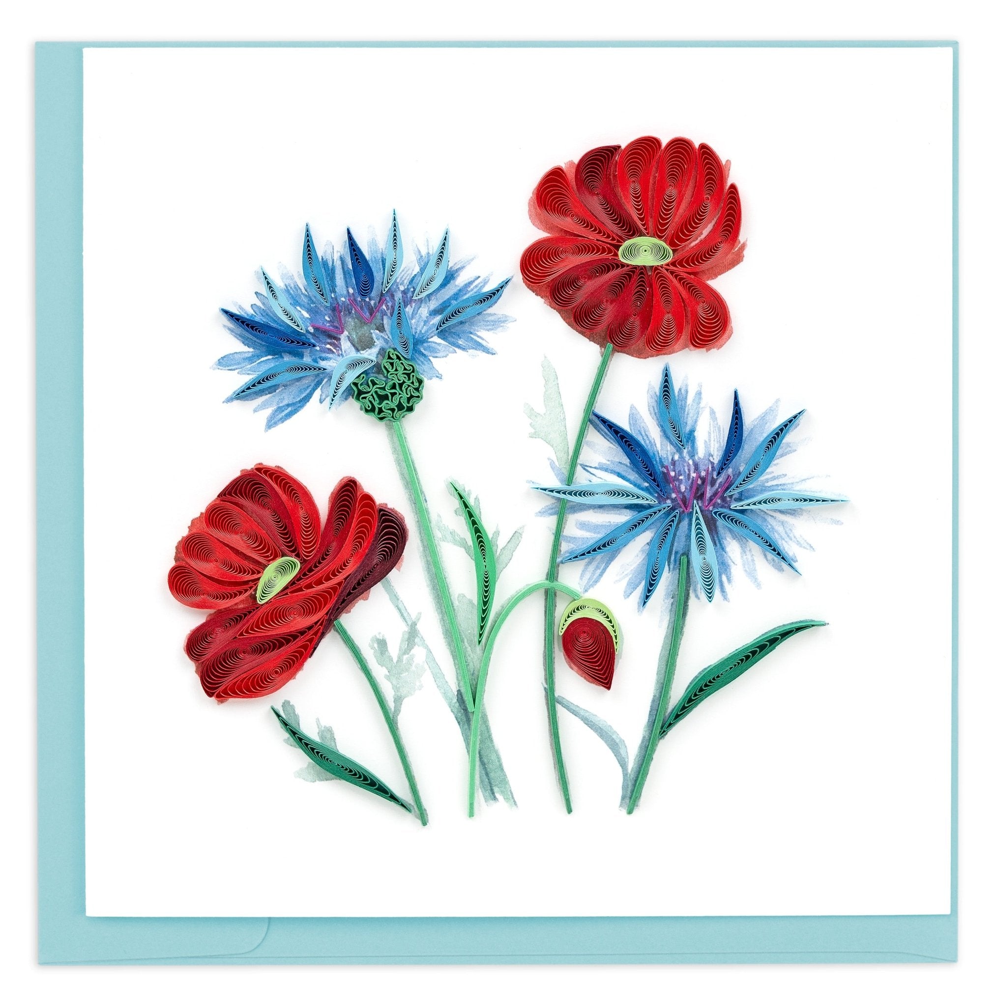 Quilled Blue Cornflower & Poppies Greeting Card