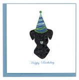 A black dog with a party hat. This card also reads happy birthday.