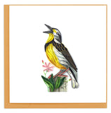 Greeting card featuring a quilled design of a western meadowlark singing