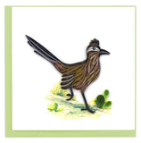 Greeting card featuring a quilled design of a roadrunner