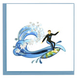 Blank greeting card featuring a quilled design of a surfer riding a wave