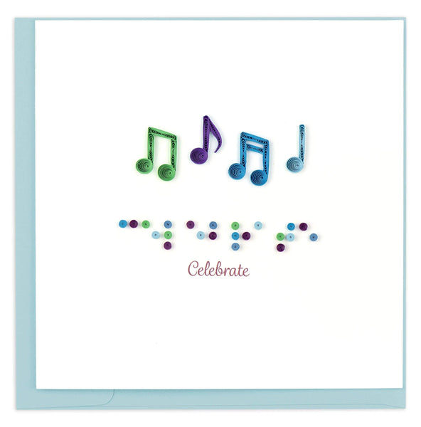 Colorful musical notes above the message celebrate in both Braille and print.