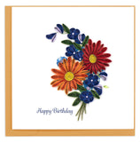  A bunch of colorful flowers in red, orange and blue colors, and includes the message Happy Birthday.