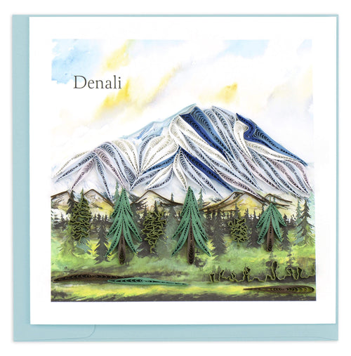 Blank greeting card featuring a quilled design of Denali Mountain