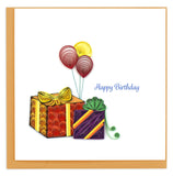 Orange and purple wrapped gifts accompanied by red and yellow balloons. Reads Happy Birthday to the right of the design.