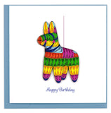 A cute donkey pinata in rainbow colors and reads Happy Birthday underneath.