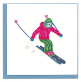 Blank Quilled Card of a skier in a neon pink jacket skiing downhill