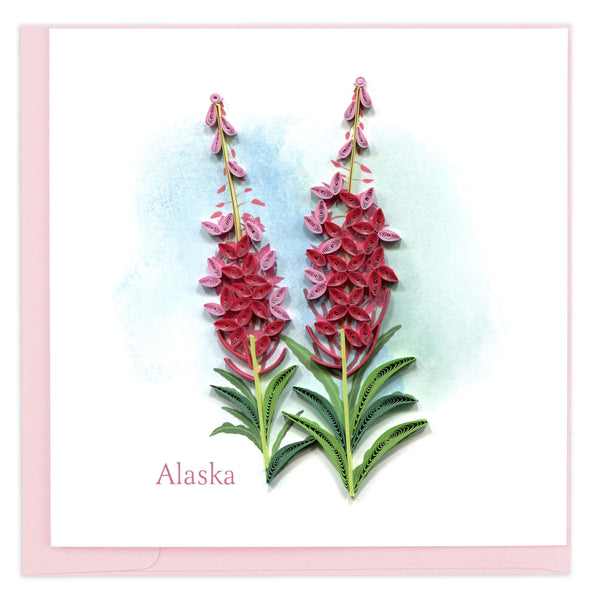 Greeting card featuring a quilled design of fireweed flowers