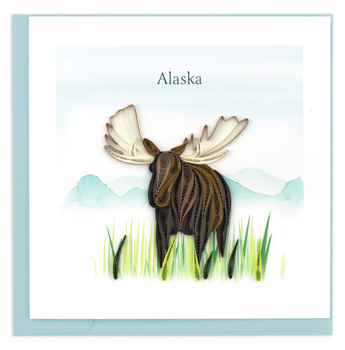 Greeting card featuring a quilled design of a moose