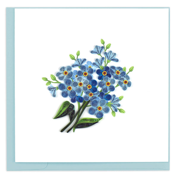 A bunch of blue flowers, with green buds and yellow centers.