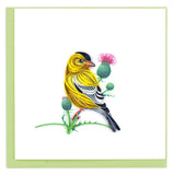 Greeting card featuring a quilled design of an American Goldfinch with thistles in the background