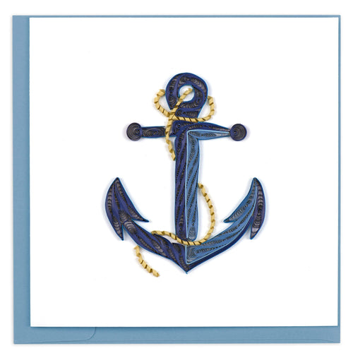 Blank greeting card featuring a quilled design of a blue anchor