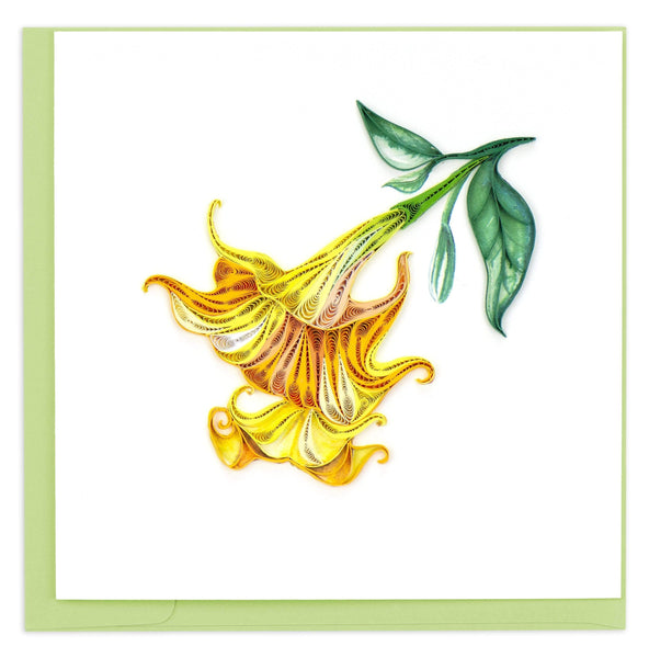 Quilled blank greeting card of a yellow trumpet flower on a leafy green stem
