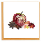 A deep red apple with cinnamon and star anise, next to a few orange and yellow leaves.
