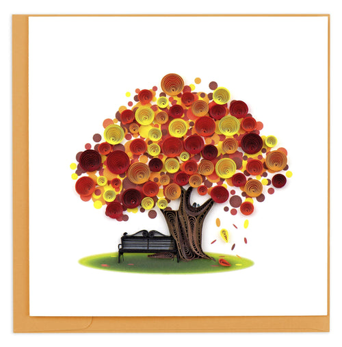 Blank greeting card of a quilled autumn tree in shades of yellow, orange and red