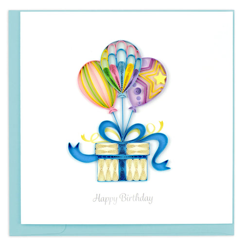Quilled Birthday Card with present and balloons.