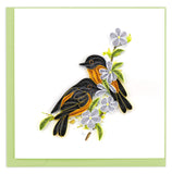 Greeting card featuring a quilled design of two orioles with white flowers