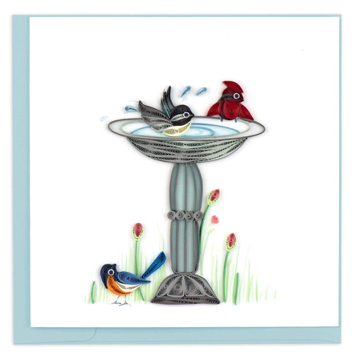 Blank Greeting Card of a quilled bird bath and three birds around it.