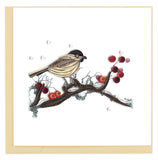 Greeting card featuring a quilled design of a chickadee sitting on a branch with red berries during a snowy winter day