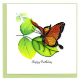 A Monarch Butterfly with bright orange wings sitting on a green leaf with the message Happy Birthday at the bottom.