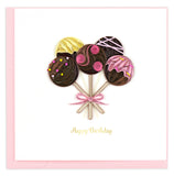 Chocolate pops with pink frosting decorate this beautifully handcrafted card that reads Happy Birthday.