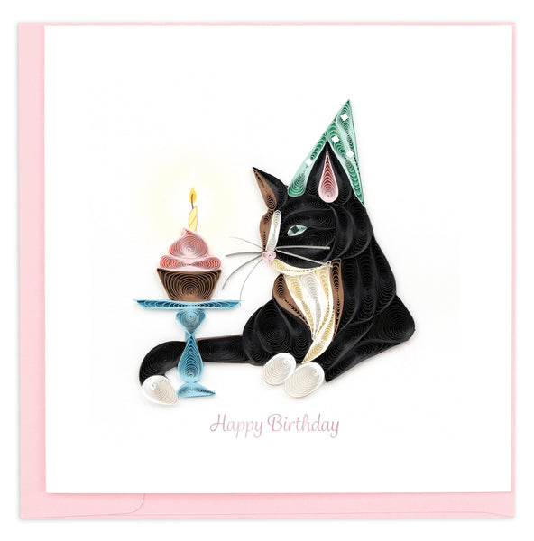 Quilled cat with cupcake in party hat, reads Happy Birthday