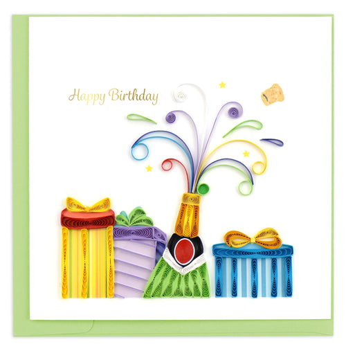 Blank quilled greeting card of an exploding bottle of champagne and presents