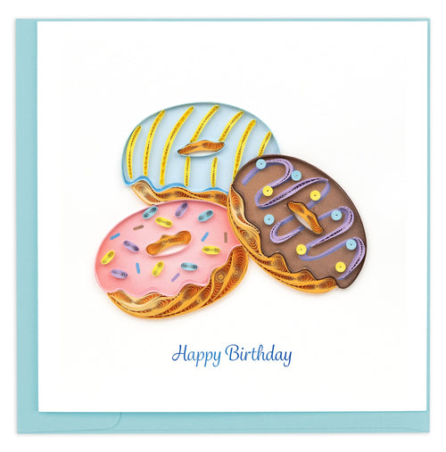 Three quilled donuts wishing you a Happy Birthday