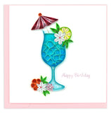 A cocktail with an umbrella in fun colors of blue, red and green. This card also reads happy birthday.