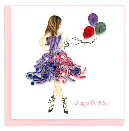 A woman in a flowing dress holding a bunch of ballons. Purple and pink colors give the dress beautiful detail, and the card reads Happy Birthday below.