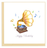 A gramophone surrounded by musical notes, and it reads Happy Birthday in script underneath.
