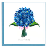 A beautiful bunch of blue hydrangeas and includes the message Happy Birthday at the bottom.