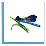 Blank quilled greeting card of a blue damselfly perched on a green blade of grass