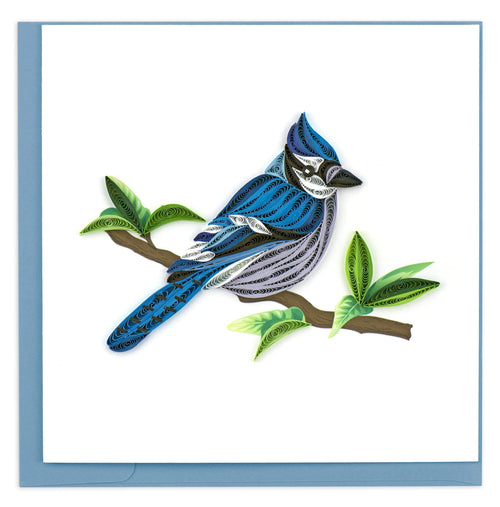 Blank greeting card featuring a quilled design of a blue jay perched on a branch
