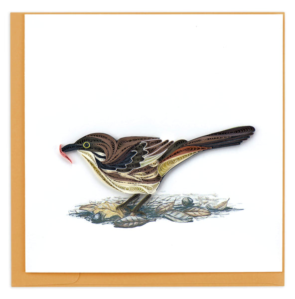 Greeting card featuring a quilled design of a brown thrasher eating a worm